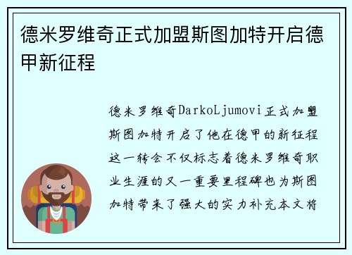 德米罗维奇正式加盟斯图加特开启德甲新征程