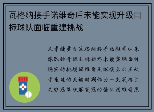 瓦格纳接手诺维奇后未能实现升级目标球队面临重建挑战